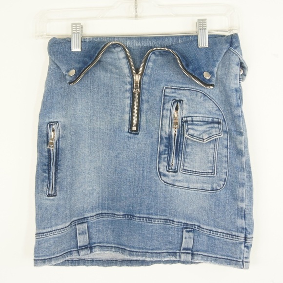 RTA x Revolve Gisele Distressed Blue Denim Jean Biker Moto Skirt - Picture 2 of 5